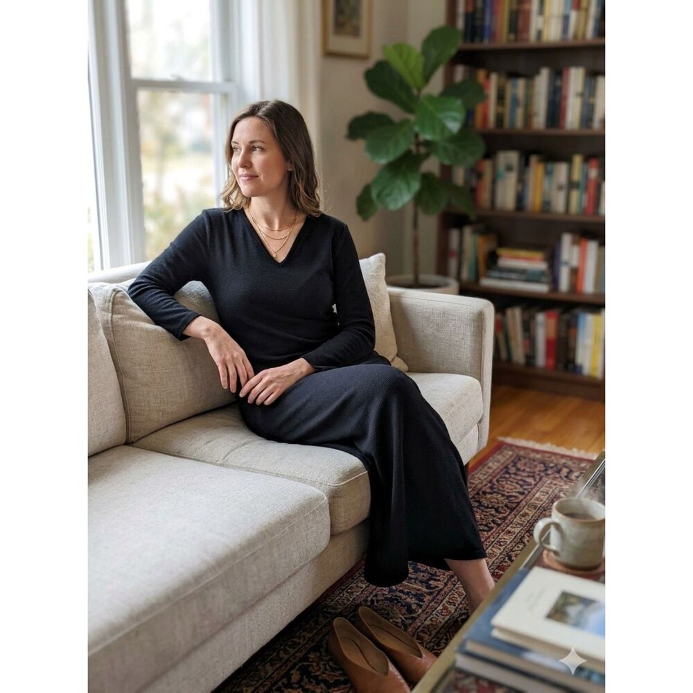 Peruvian Connection Maxi Dress Womens M Black Pima Cotton V Neck Long Sleeve